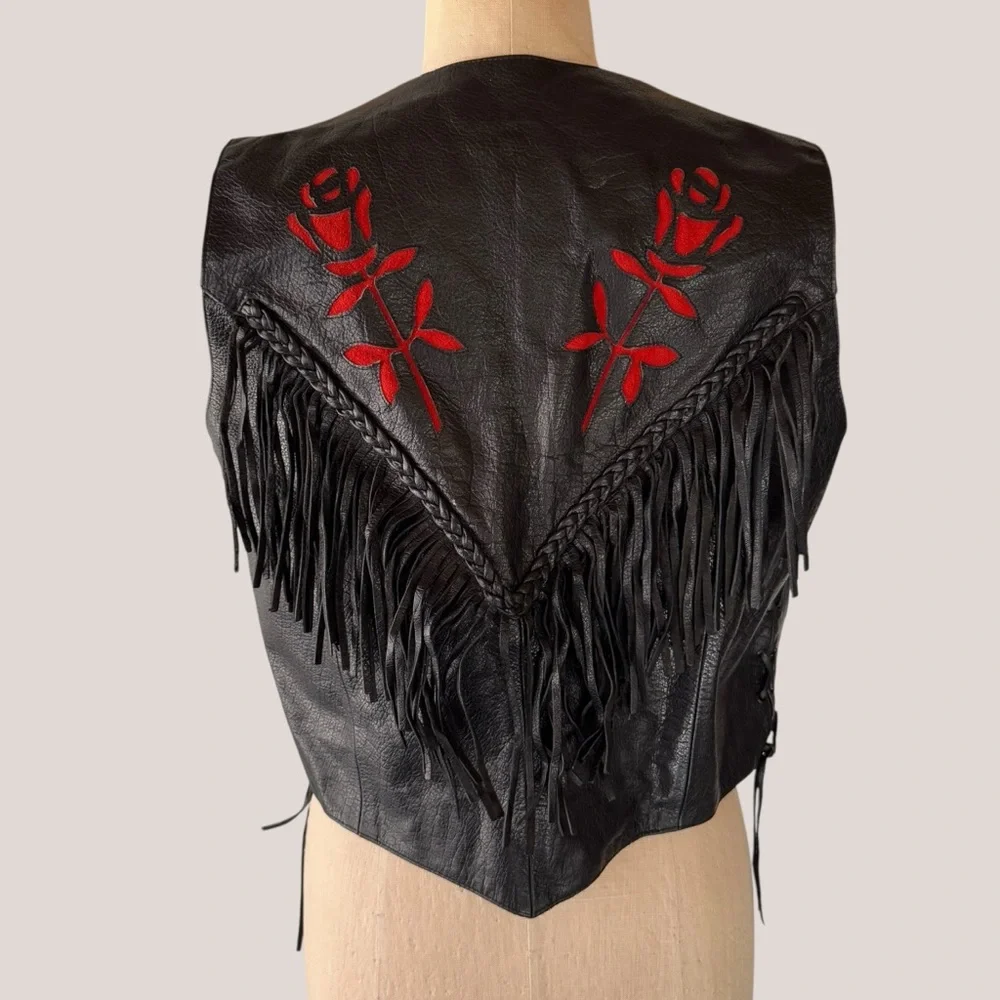 Vintage MOB Genuine Leather Black Red Rose Fringe Vest - Picture 6 of 10